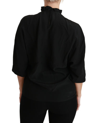 Black Silk Shirt Ruffled Top Blouse