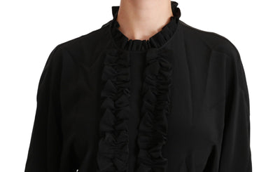 Black Silk Shirt Ruffled Top Blouse