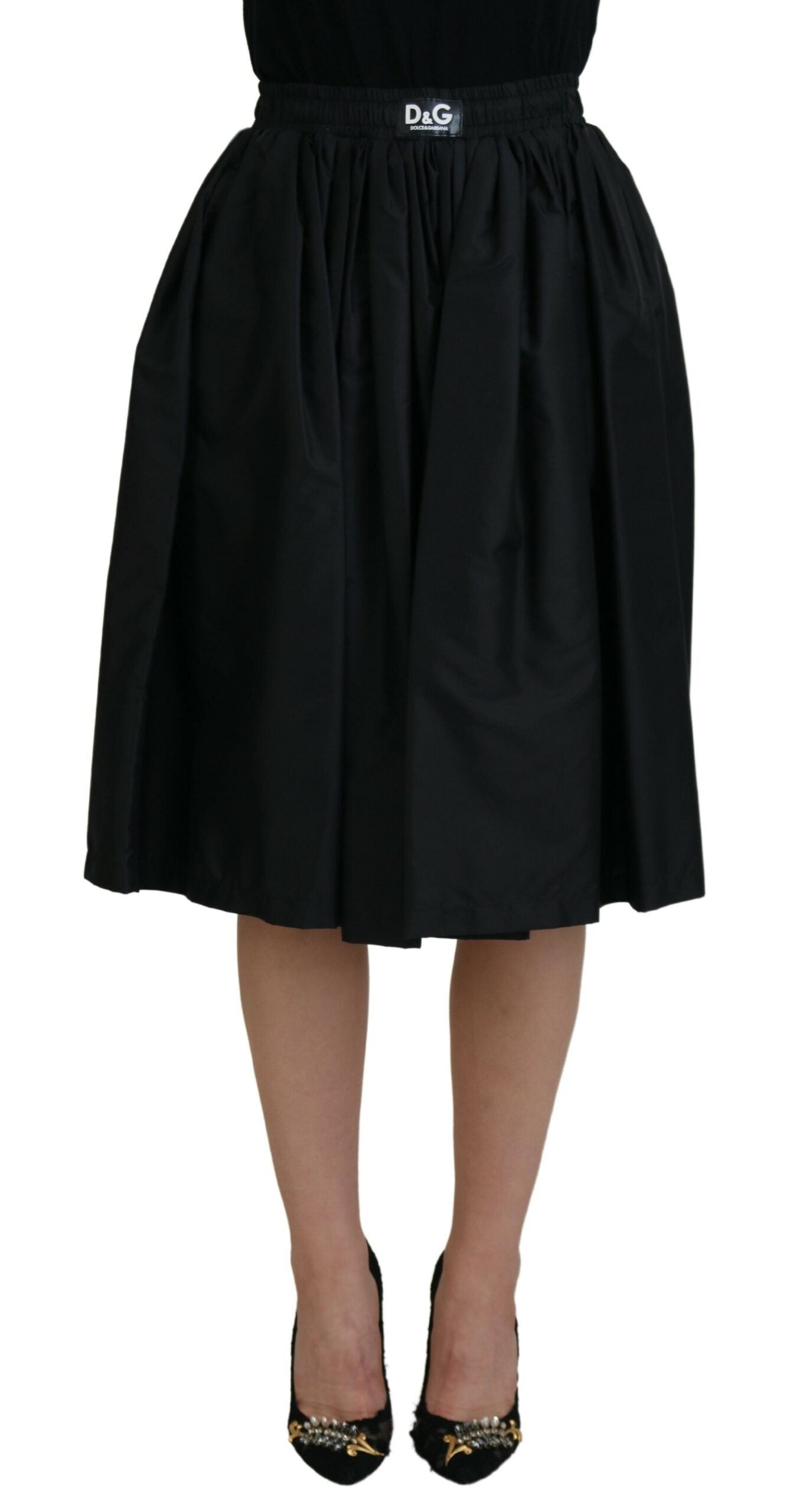 Black Nylon Elastic Waist Pull On Midi Skirt