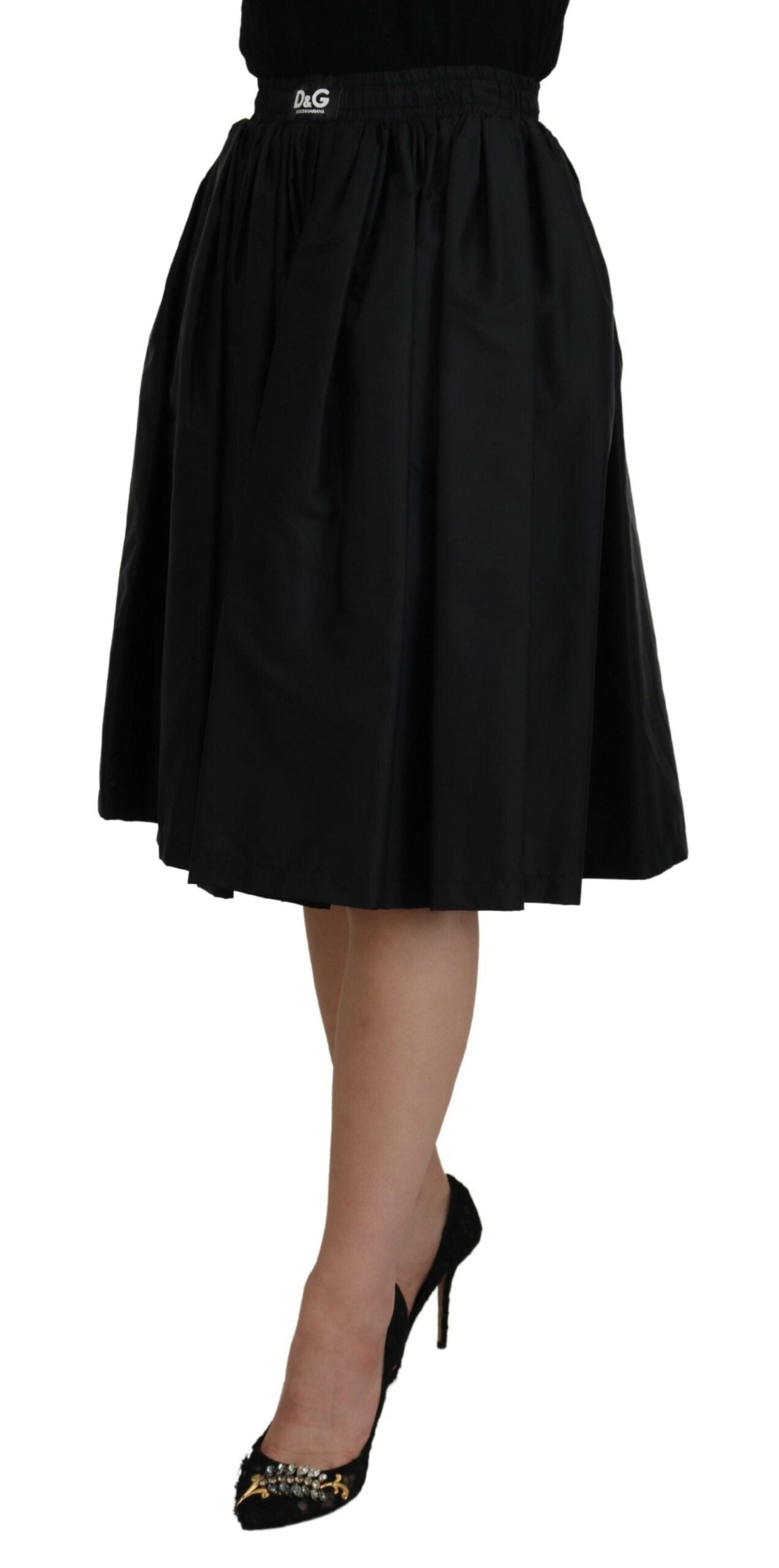 Black Nylon Elastic Waist Pull On Midi Skirt