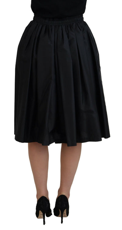 Black Nylon Elastic Waist Pull On Midi Skirt