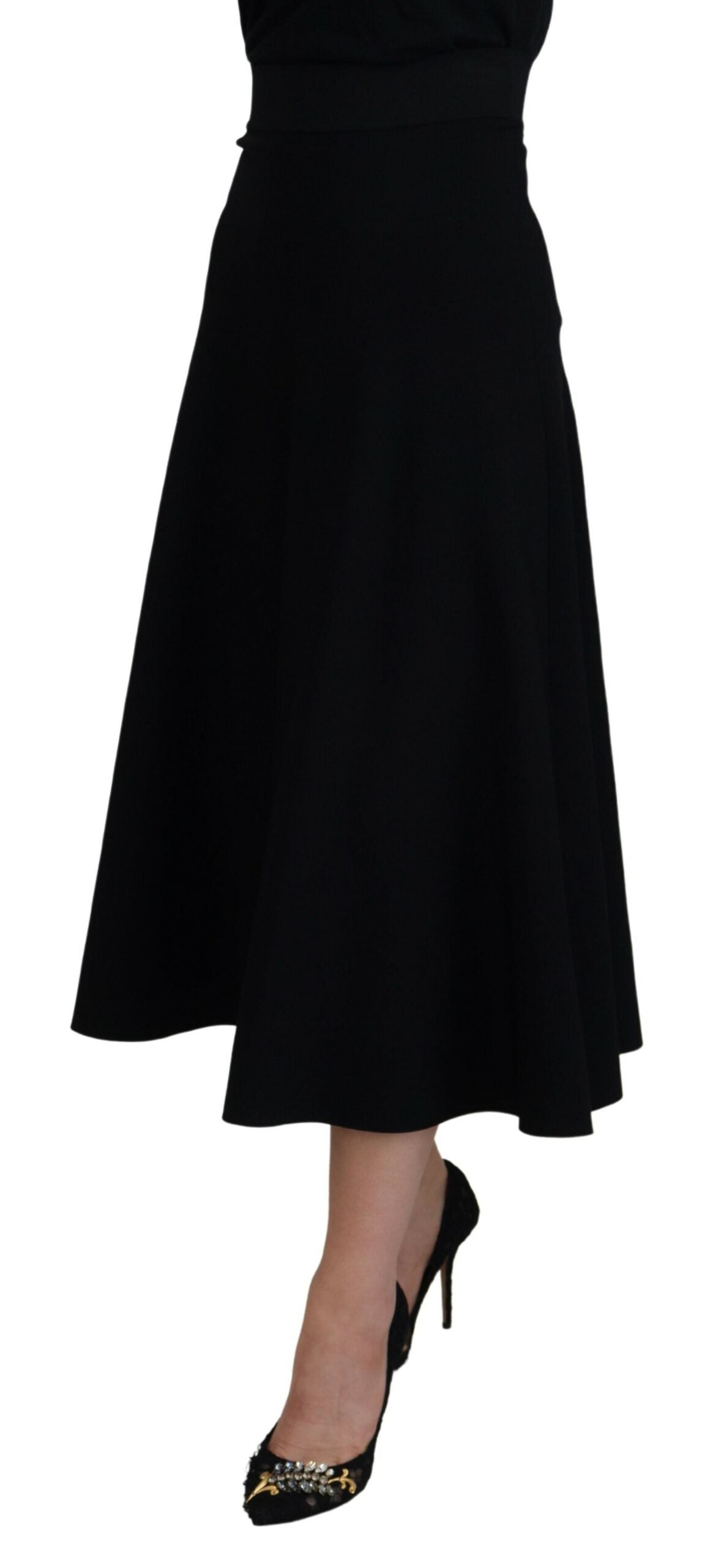 Black Viscose High Waist A-Line Midi Skirt