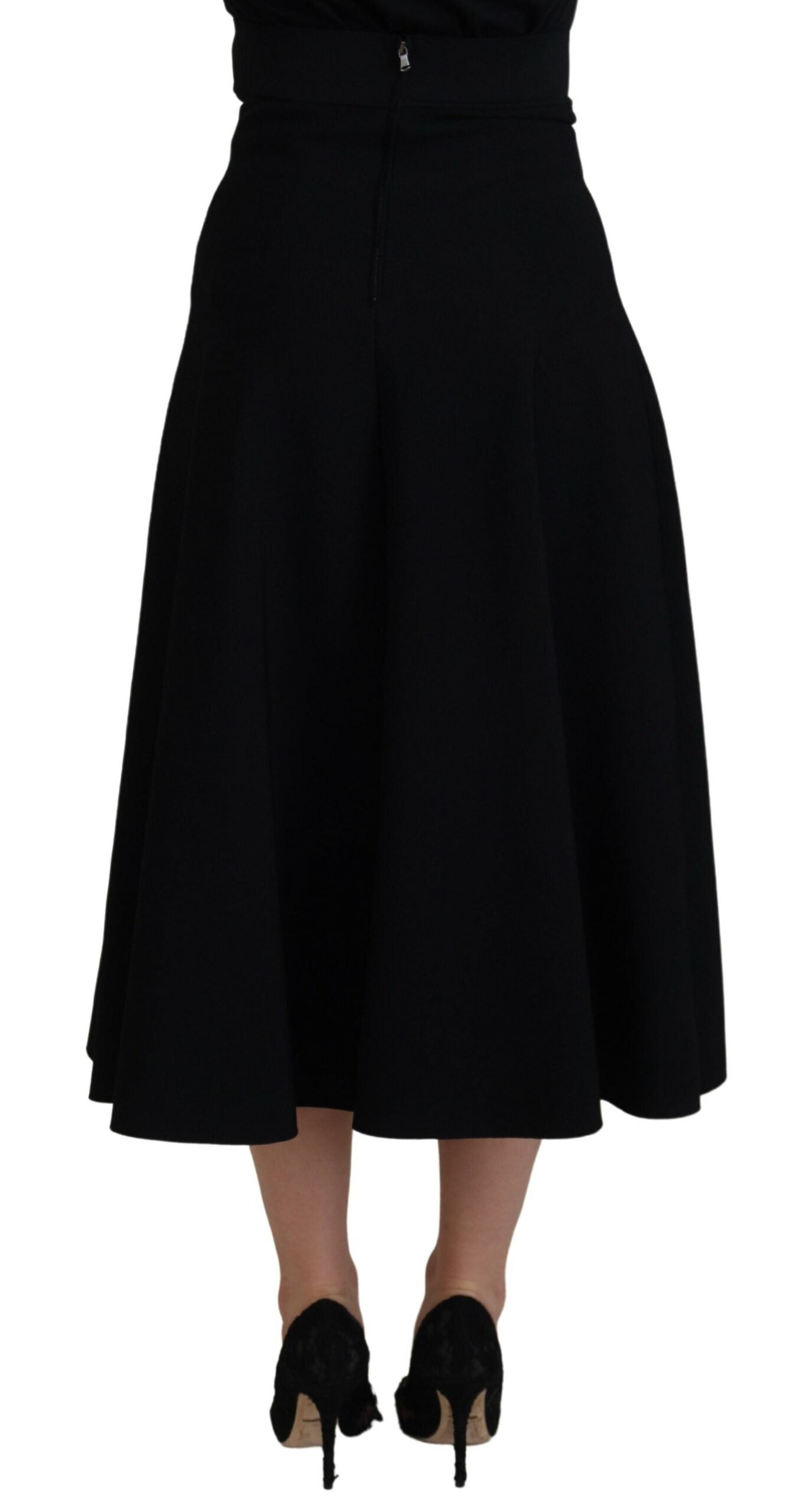 Black Viscose High Waist A-Line Midi Skirt