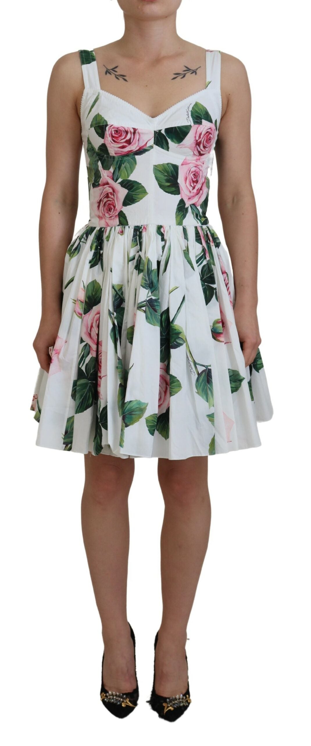 White Rose Print Cotton Stretch A-line Dress