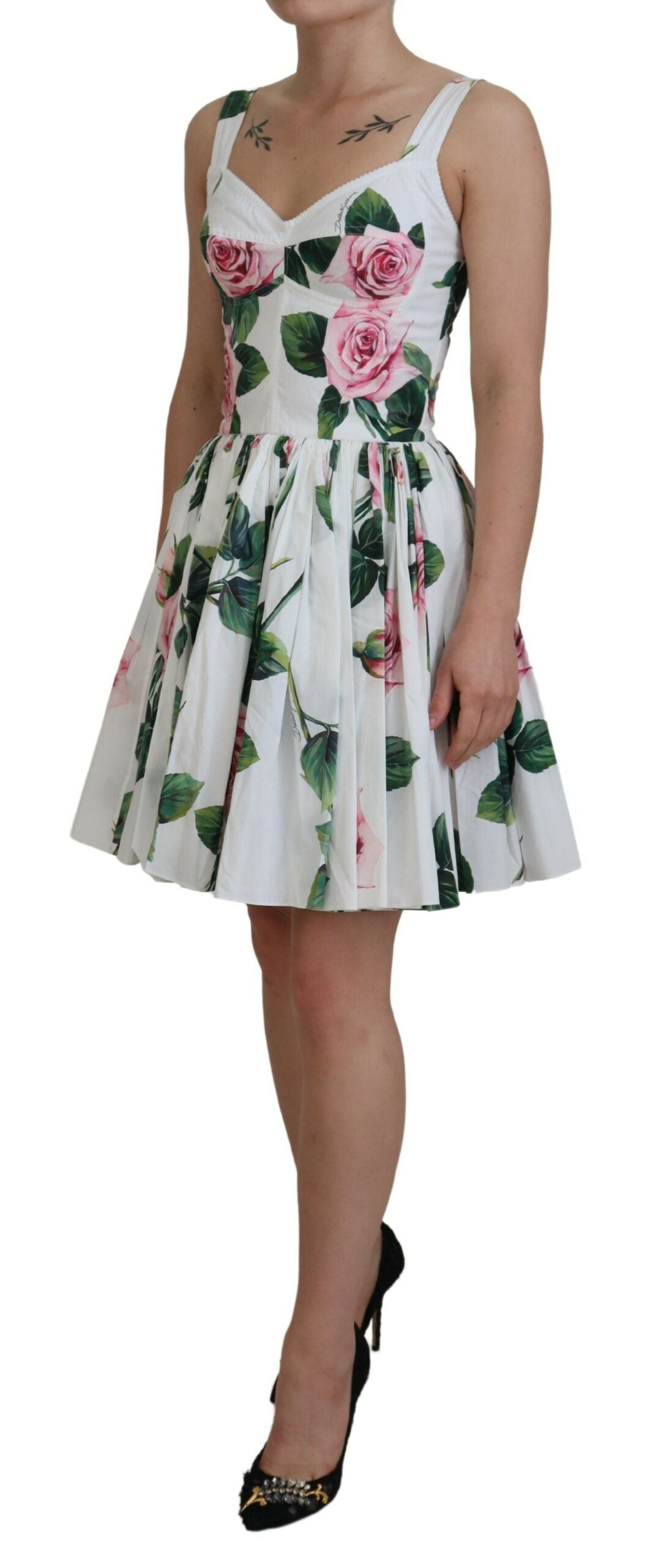 White Rose Print Cotton Stretch A-line Dress