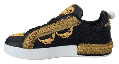 Black Gold Baroque Portofino Leather Sneakers Shoes