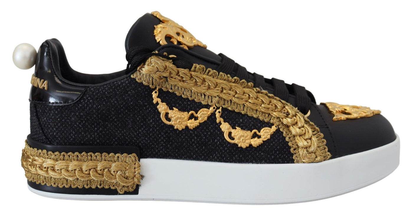 Black Gold Baroque Portofino Leather Sneakers Shoes