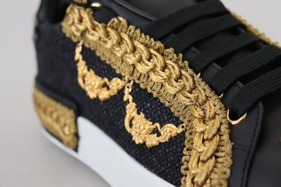 Black Gold Baroque Portofino Leather Sneakers Shoes