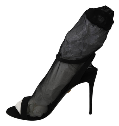 Black Tulle Stretch Stilettos Sandals Shoes