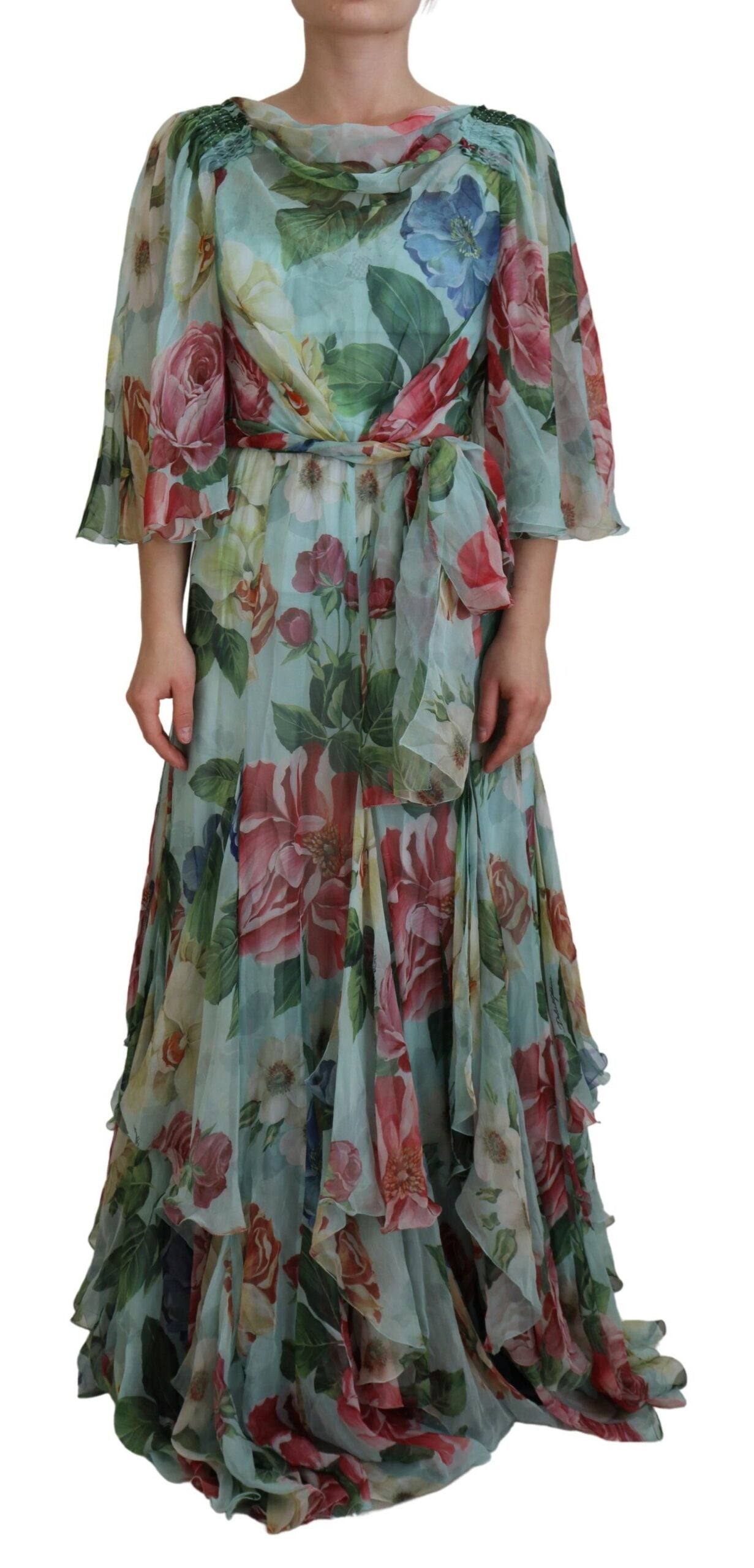 Multicolor Floral Print Silk Long Gown Dress