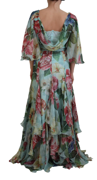 Multicolor Floral Print Silk Long Gown Dress