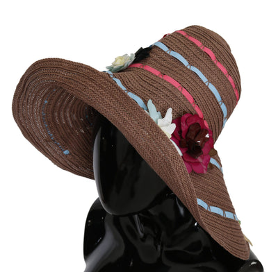 Brown Floral Wide Brim Straw Floppy Cap Hat