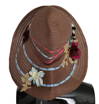 Brown Floral Wide Brim Straw Floppy Cap Hat