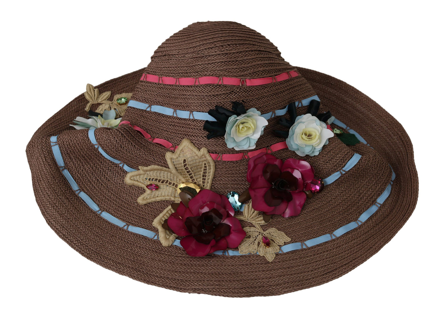 Brown Floral Wide Brim Straw Floppy Cap Hat