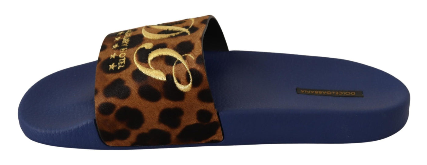 Blue Brown Leopard Logo Rubber Slides Slippers Shoes