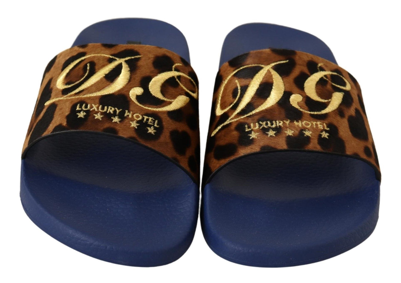 Blue Brown Leopard Logo Rubber Slides Slippers Shoes