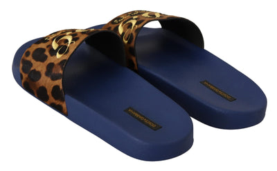 Blue Brown Leopard Logo Rubber Slides Slippers Shoes