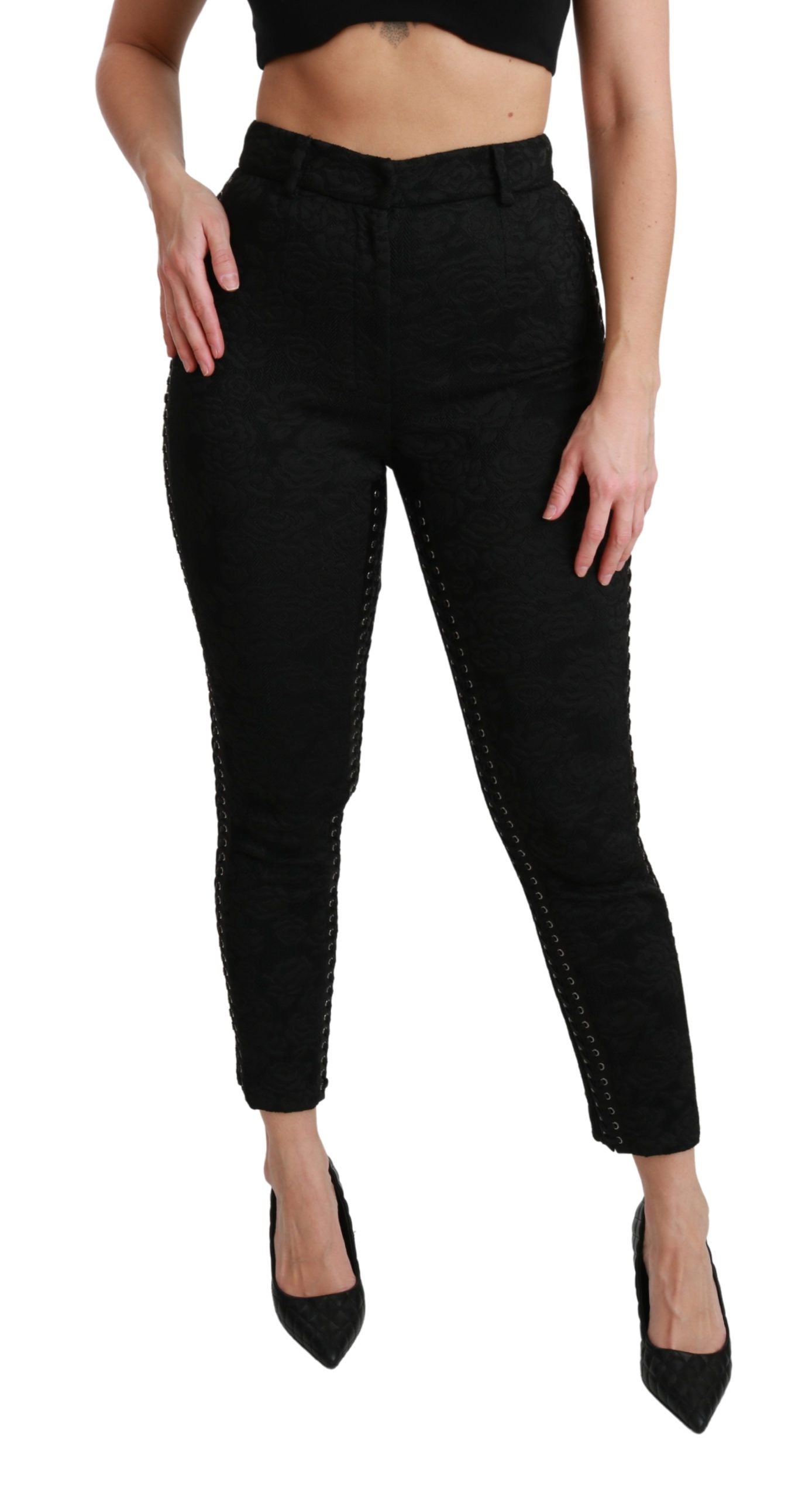 Black Brocade Skinny High Waist Pants