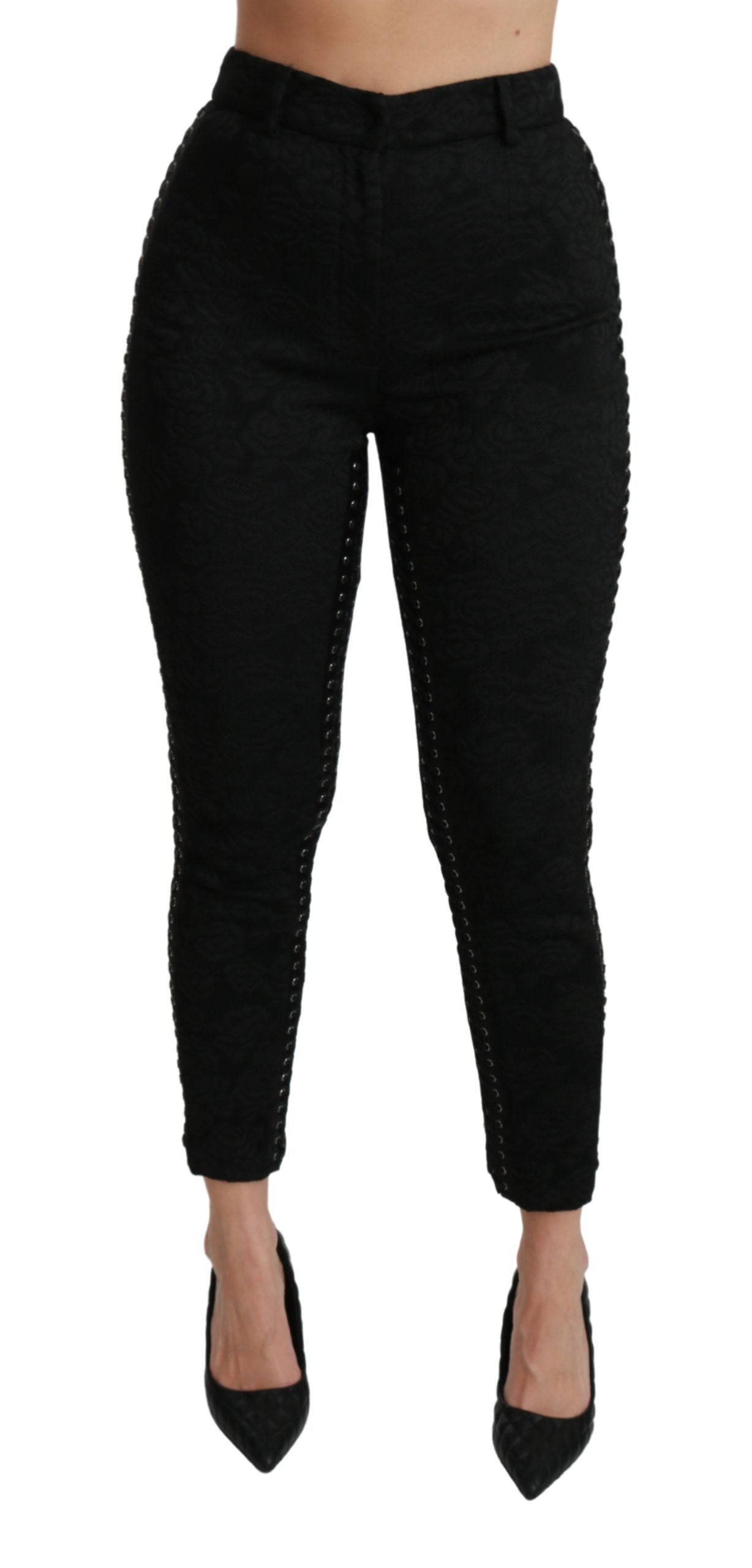 Black Brocade Skinny High Waist Pants