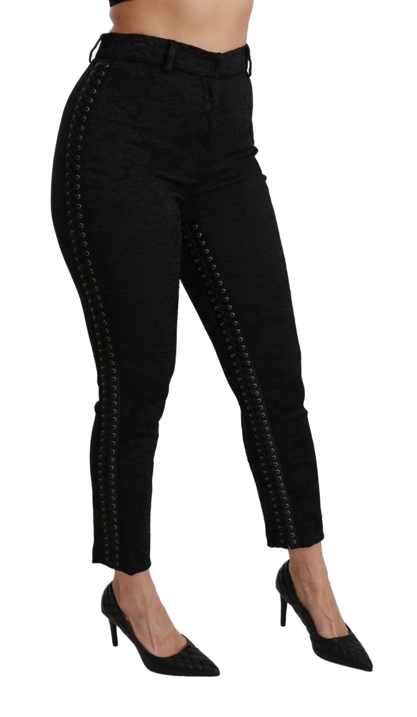 Black Brocade Skinny High Waist Pants