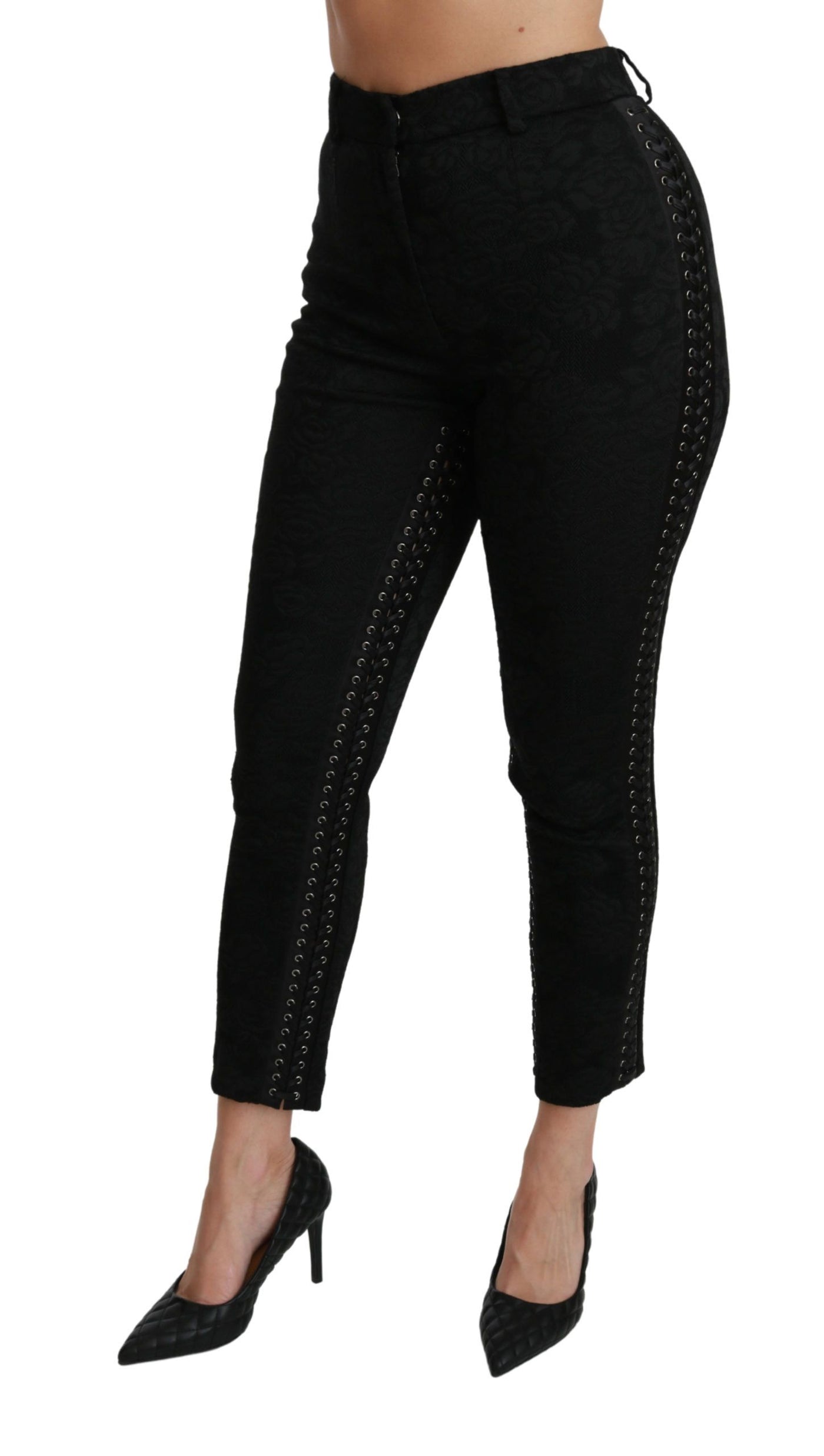 Black Brocade Skinny High Waist Pants