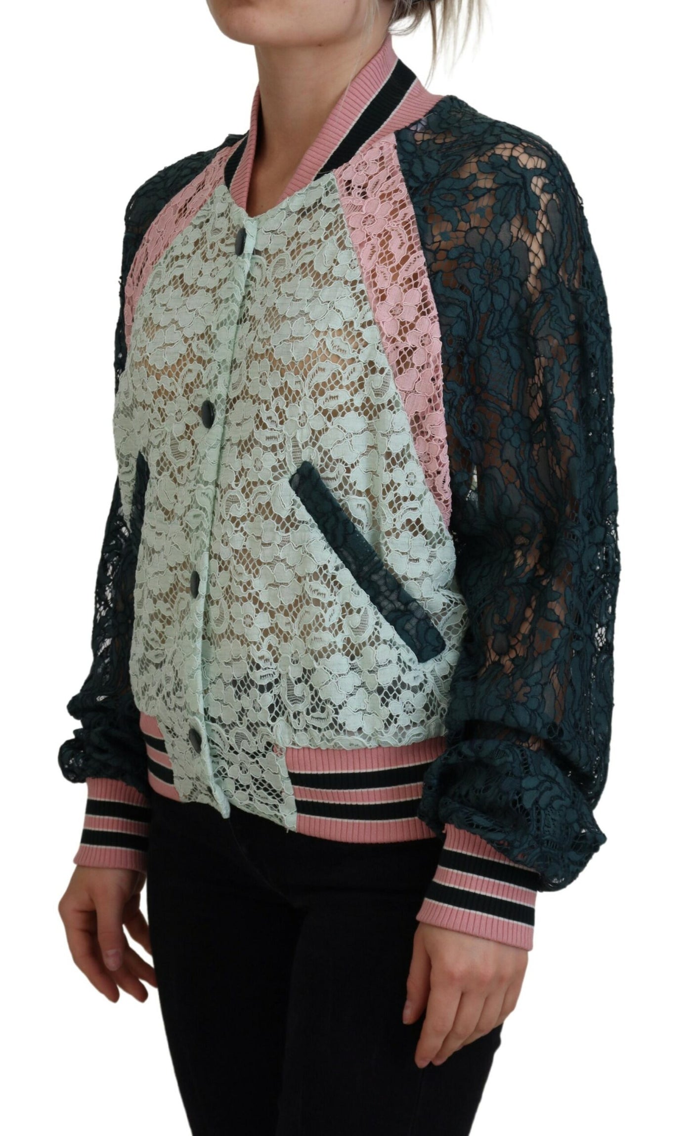 Multicolor Floral Lace Cotton Bomber Jacket