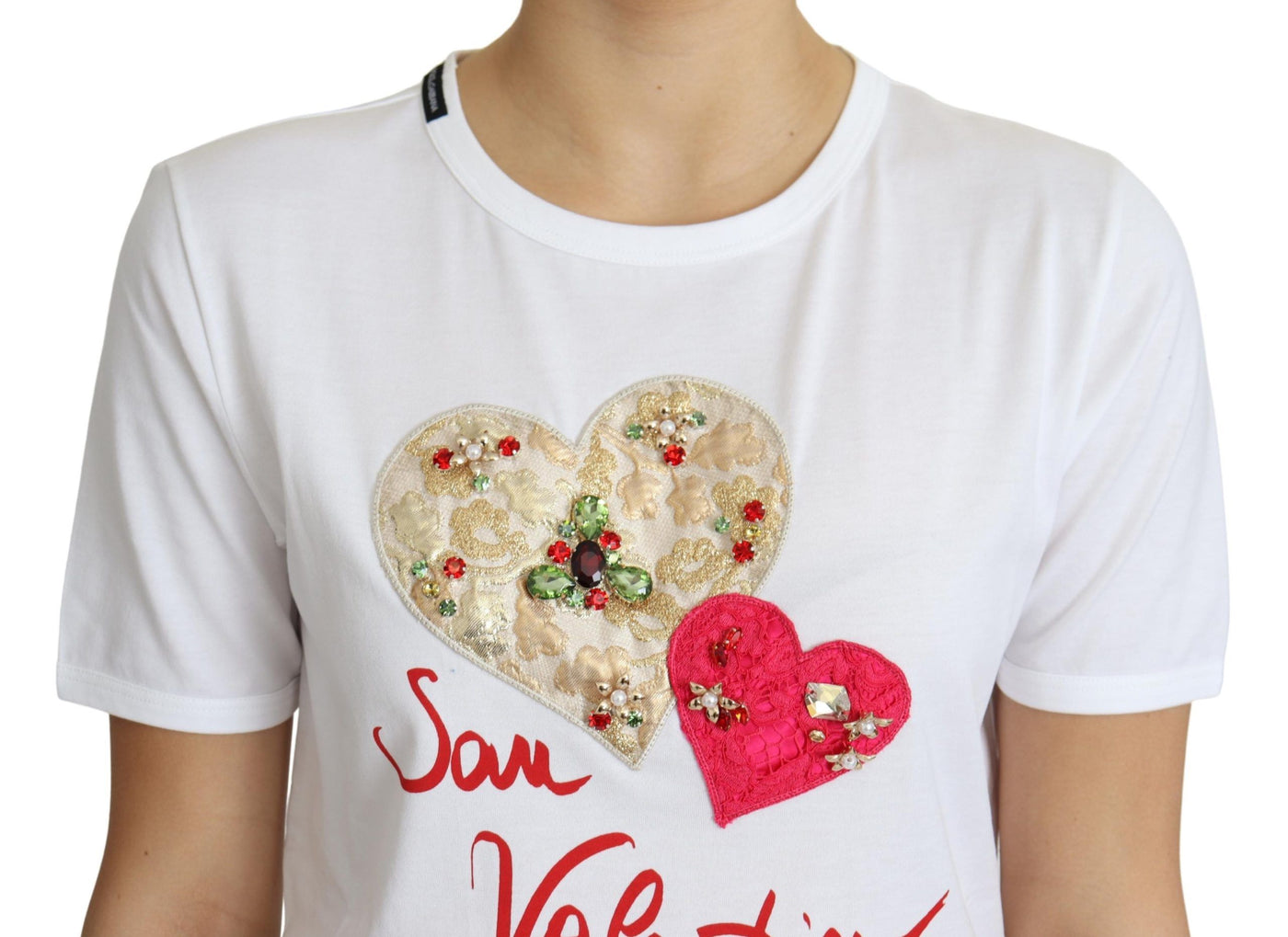 White San Valentino Heart Crystals T-shirt Top