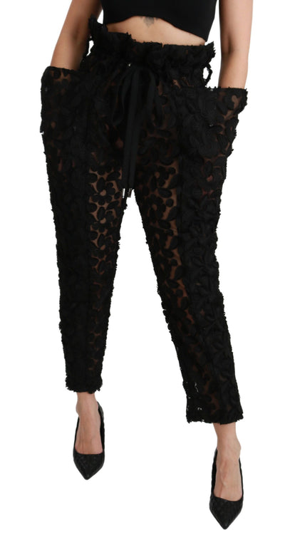 Black Floral Lace Tapered High Waist Pants