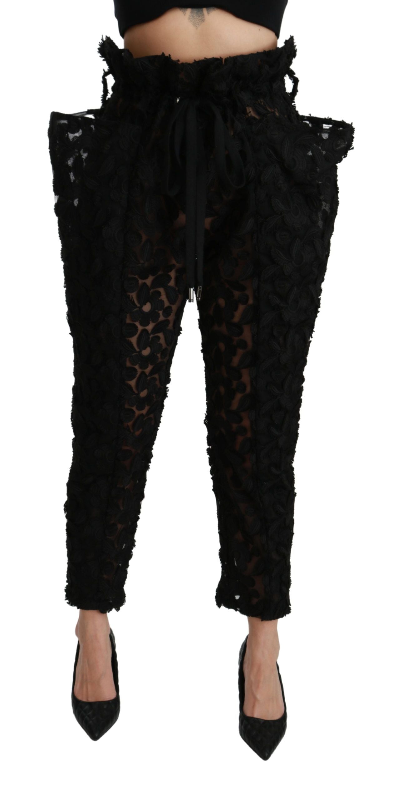 Black Floral Lace Tapered High Waist Pants