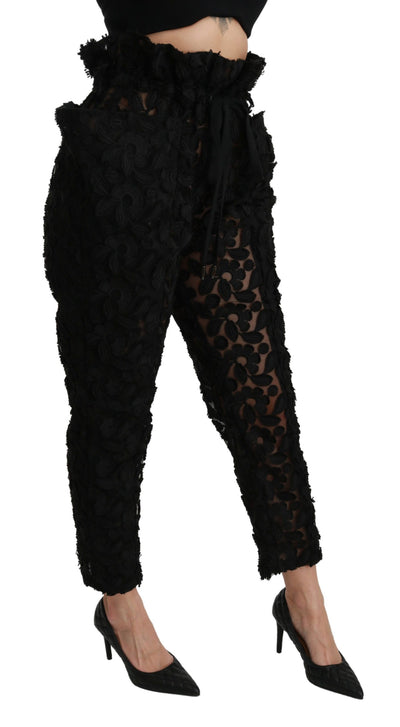 Black Floral Lace Tapered High Waist Pants