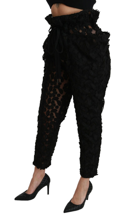 Black Floral Lace Tapered High Waist Pants