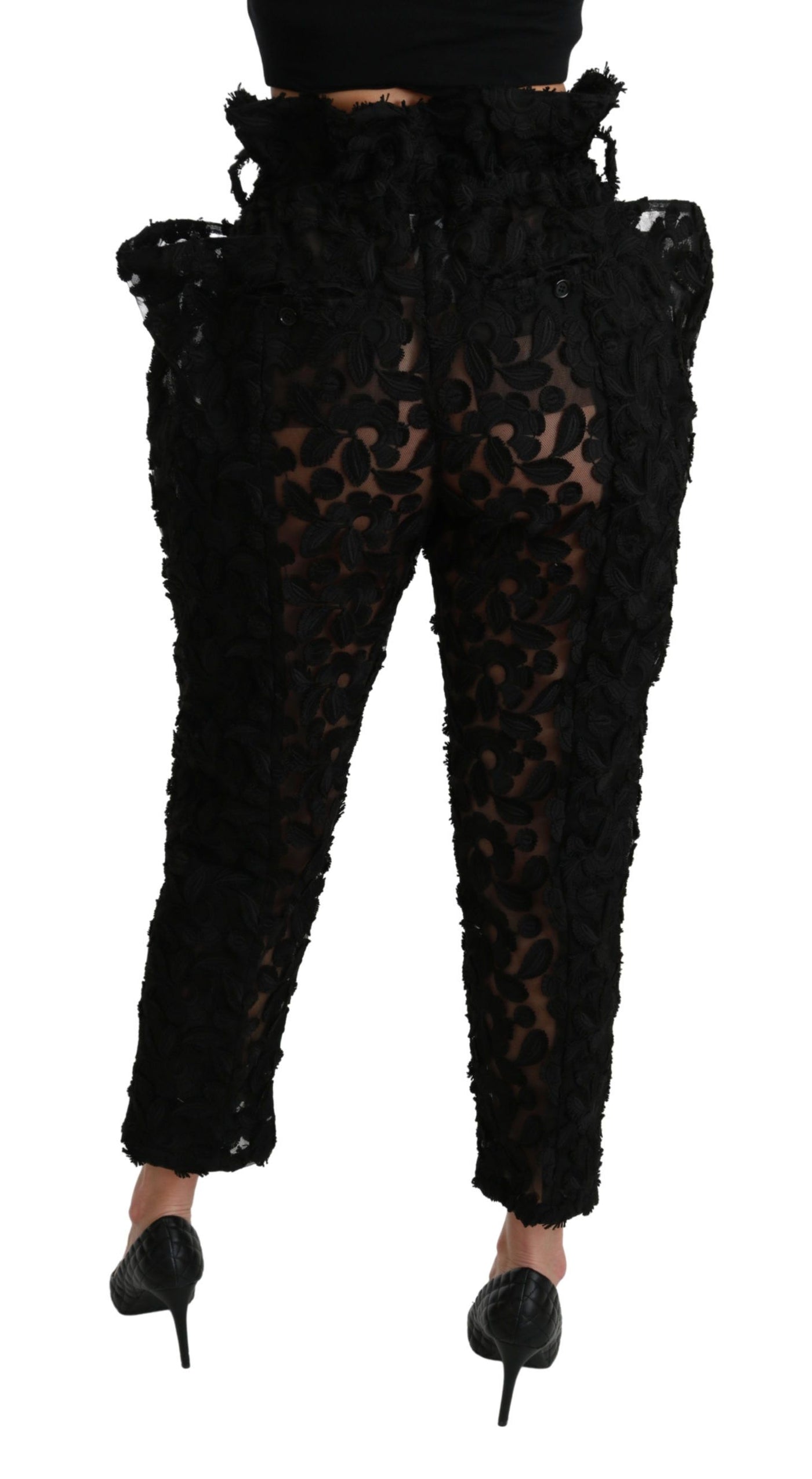 Black Floral Lace Tapered High Waist Pants