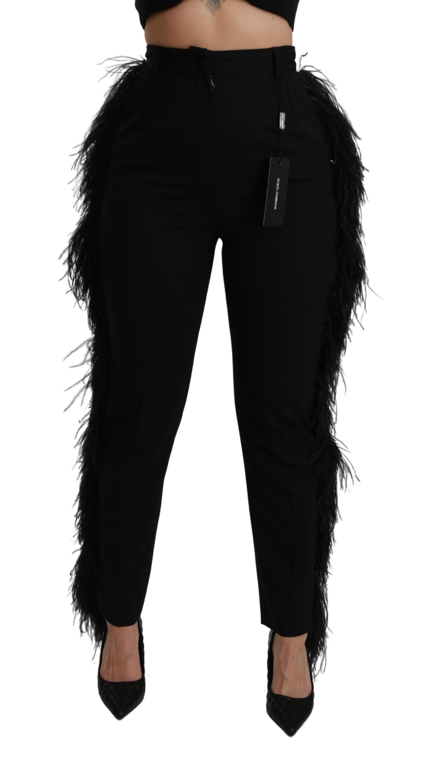 Black Feather Straight High Waist Wool Pants