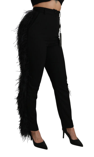 Black Feather Straight High Waist Wool Pants