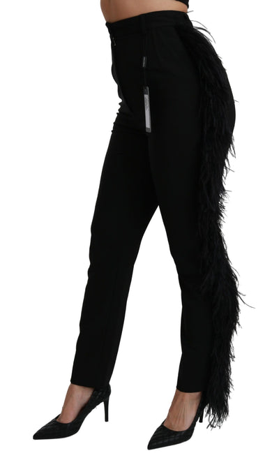 Black Feather Straight High Waist Wool Pants