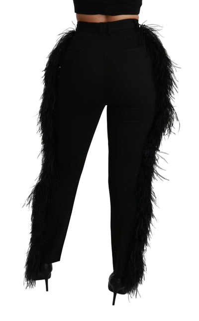 Black Feather Straight High Waist Wool Pants