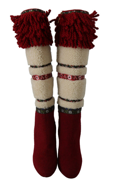 Red Wool Shearling Wooden Booties Boots Shoes