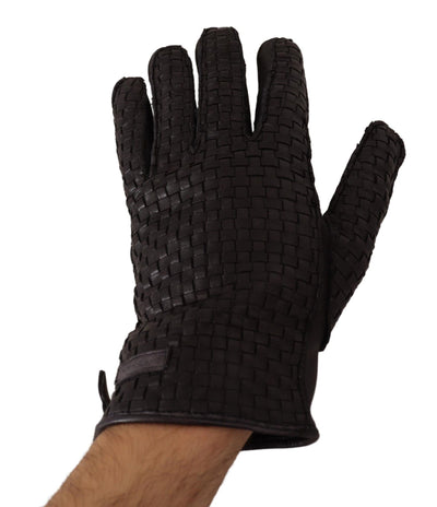 Black Lambskin Leather Woven Gloves