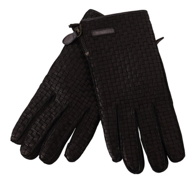 Black Lambskin Leather Woven Gloves