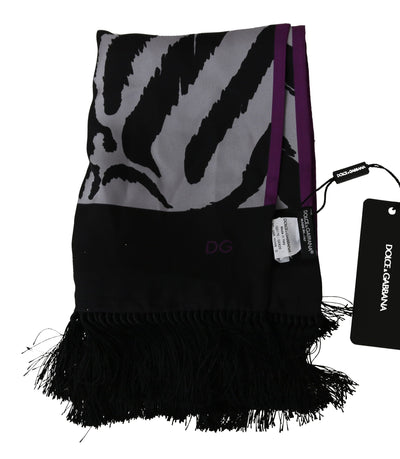 Black 100% Silk Printed Fringes Wrap Scarf