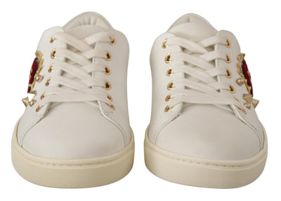 White Leather Gold Red Heart Sneakers Shoes