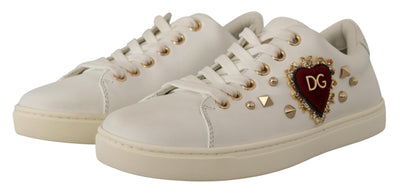 White Leather Gold Red Heart Sneakers Shoes