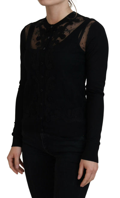 Black Floral Lace Button Cardigan Sweater