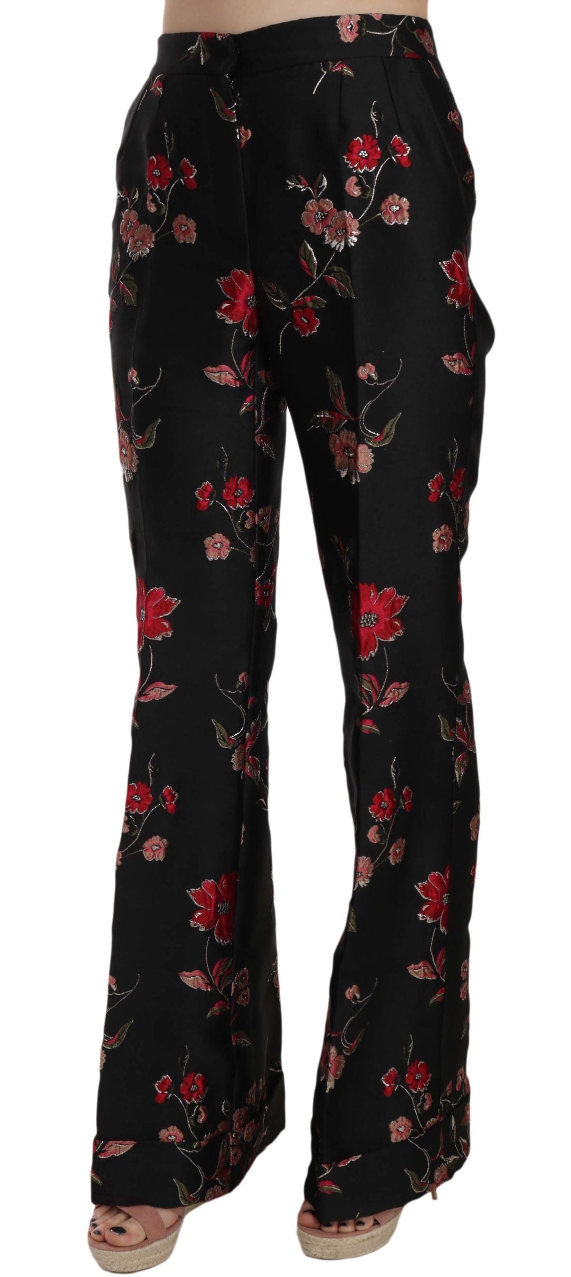 Floral Print Black Boot Cut Trouser Pants