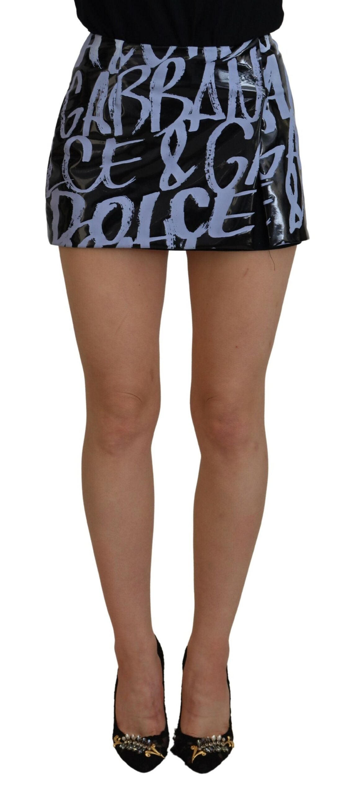 Black Logo Print High Waist A-line Mini Skirt