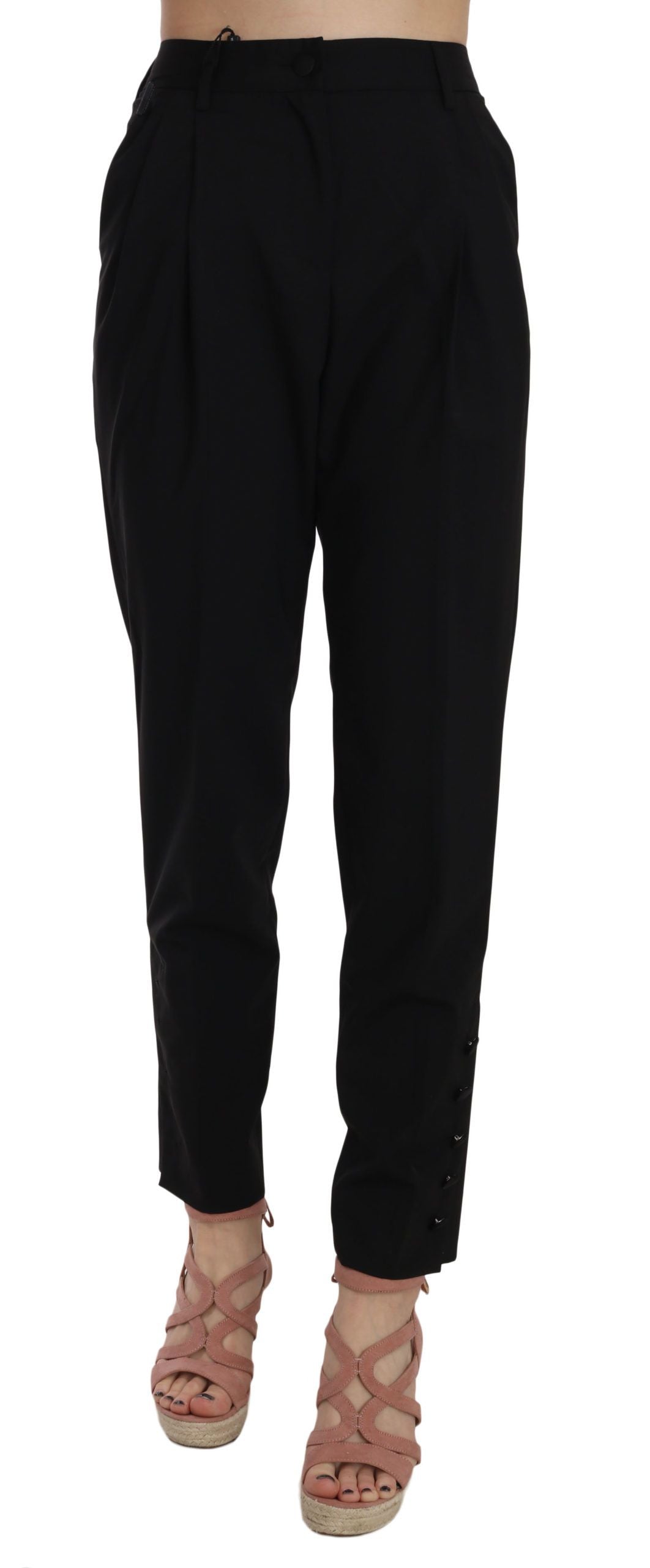 Black Button Pleated Tapered Trouser Pants