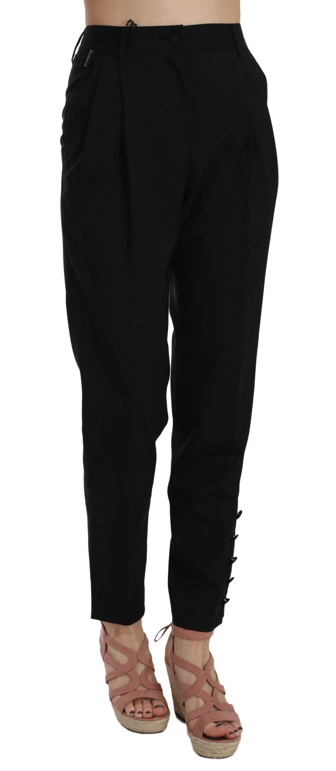 Black Button Pleated Tapered Trouser Pants