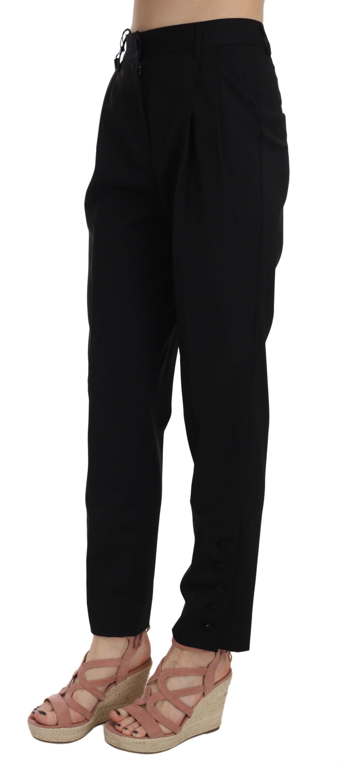 Black Button Pleated Tapered Trouser Pants