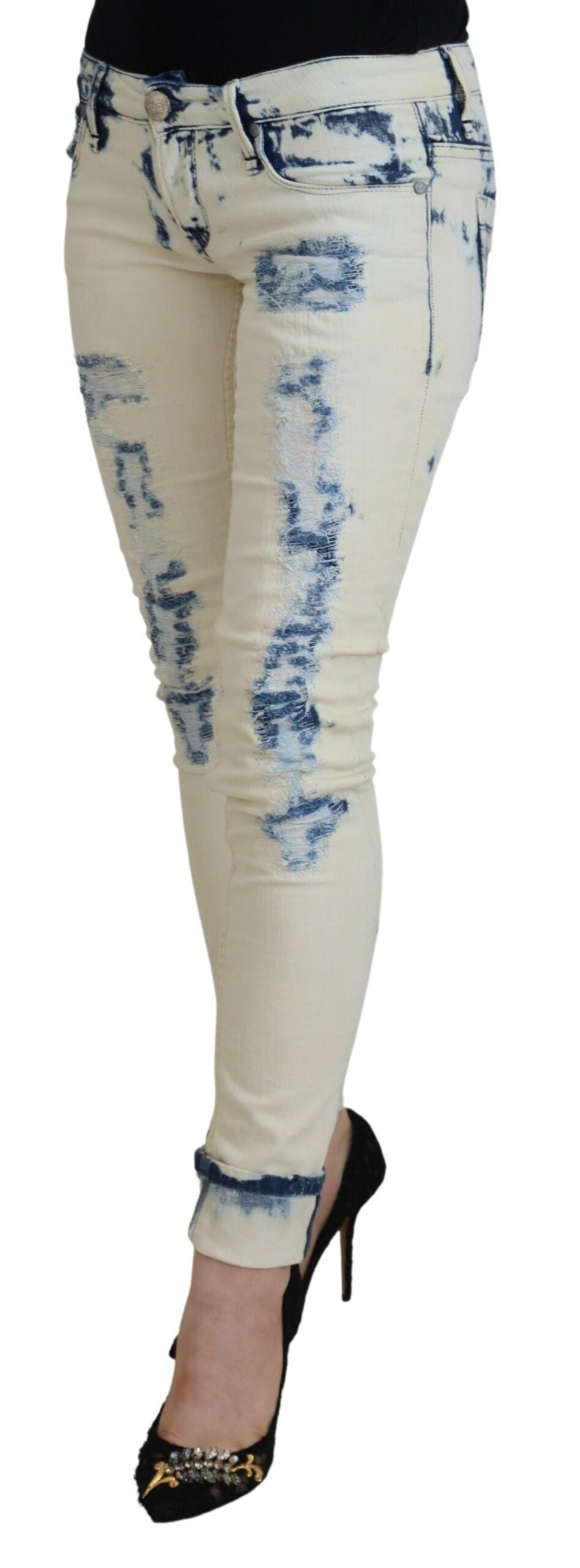 White Blue Cotton Skinny Women Tattered Denim Jeans