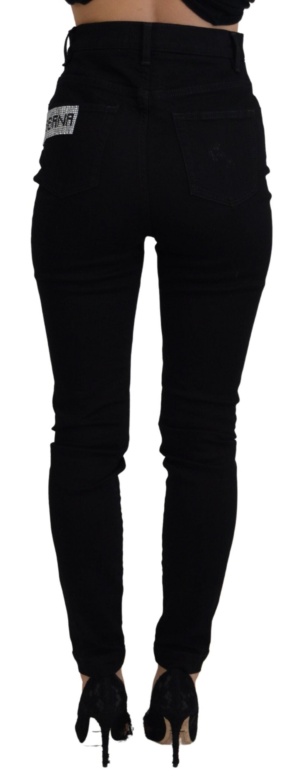 Black Sequined Cotton Slim Fit Denim Jeans